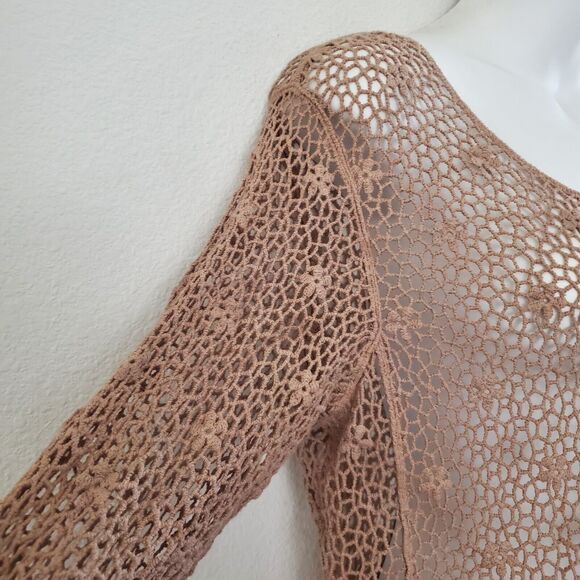 Bobeau Crochet Knit Top Small Brown Sheer Boho Floral Beachy Cover Up Festival - Picture 4 of 10